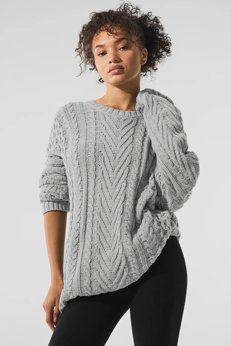 Alo Yoga — Cable Knit Crew Neck Sweater - Athletic Heather Grey