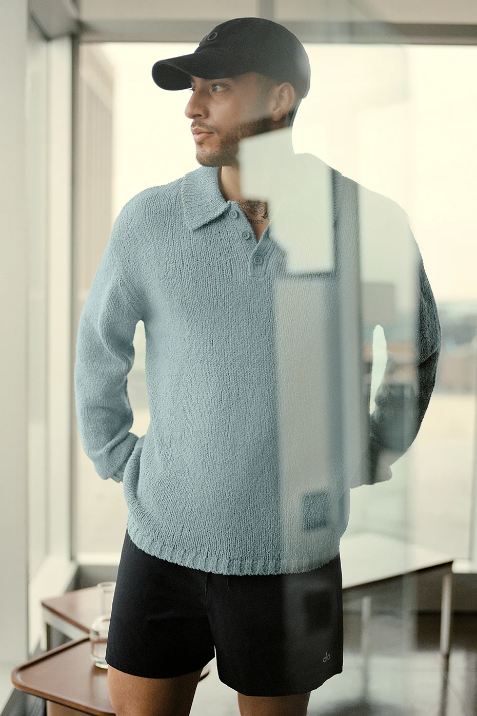 Alo Yoga — Textured Knit Long Sleeve Polo - Desert Sage
