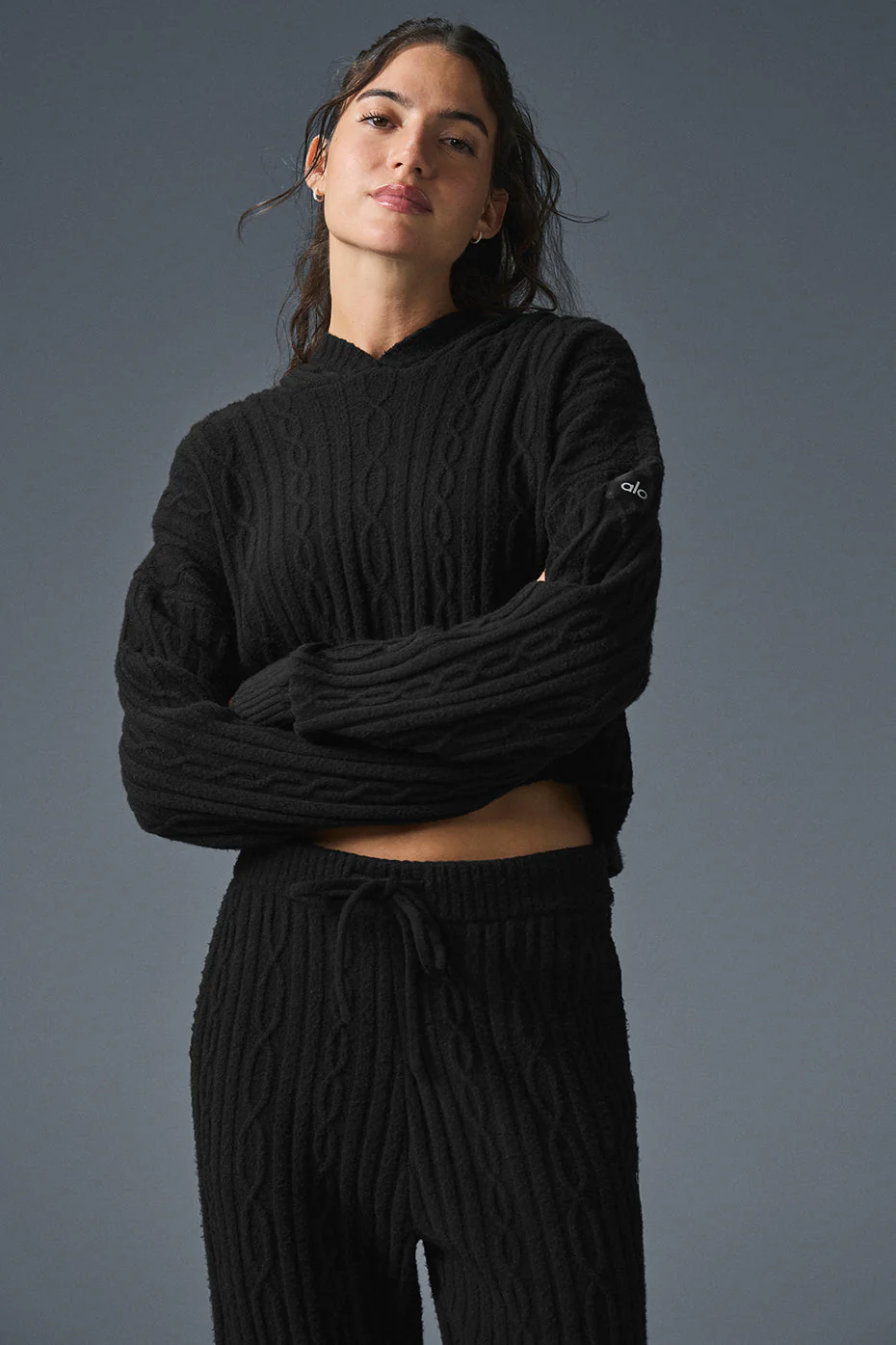 Alo Yoga — Cable Knit Winter Bliss Hoodie - Black