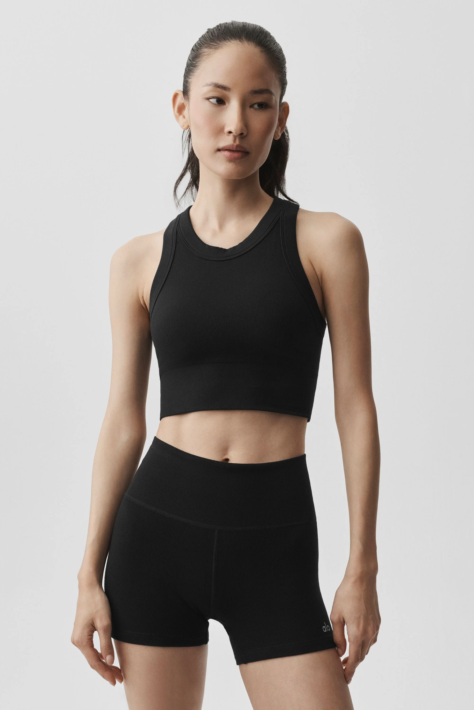 Alo Yoga — Seamless Modal Ribbed High Neck Delight Bra - Black