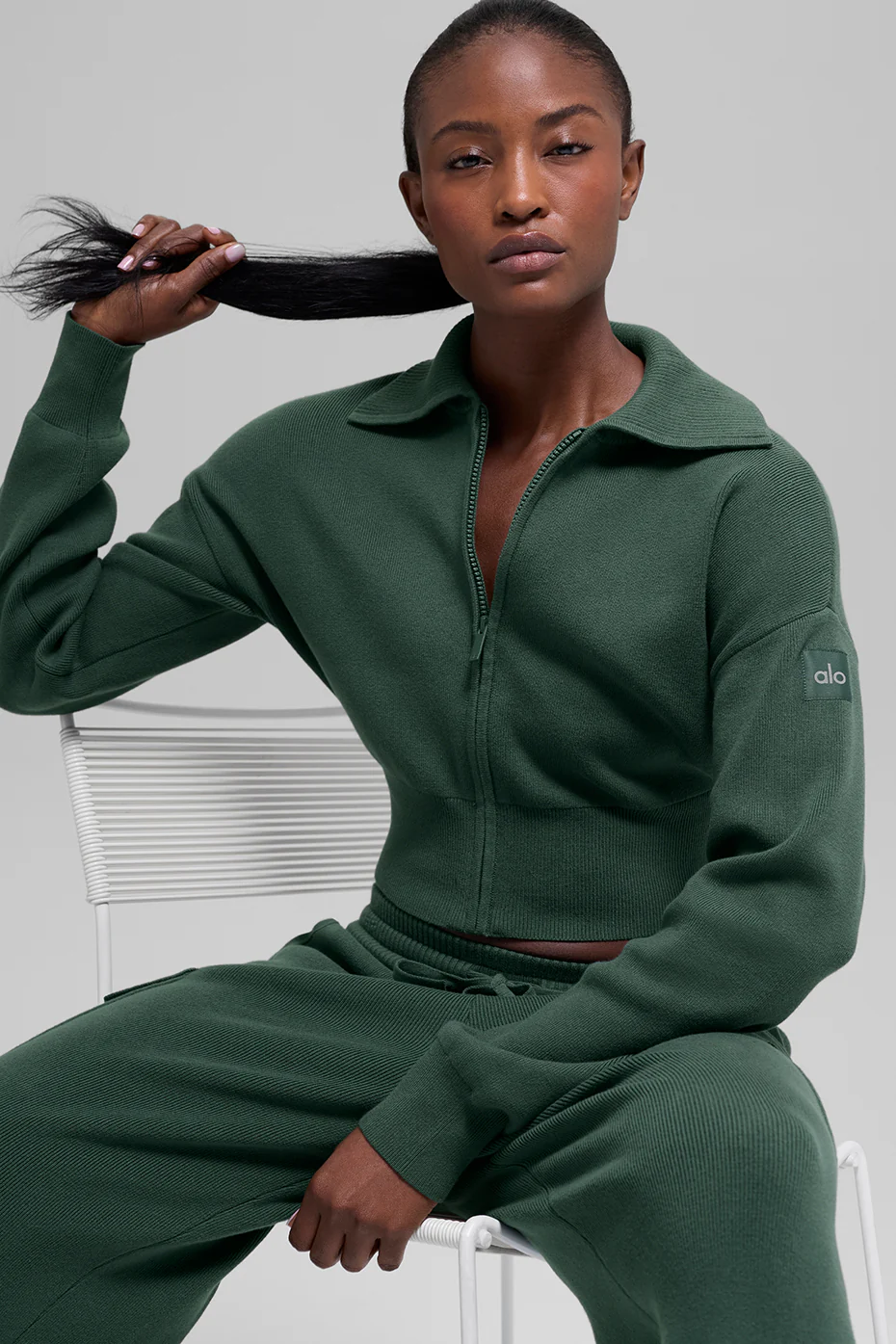 Alo Yoga — Scholar Knit Cropped Full Zip Jacket - Clover Green