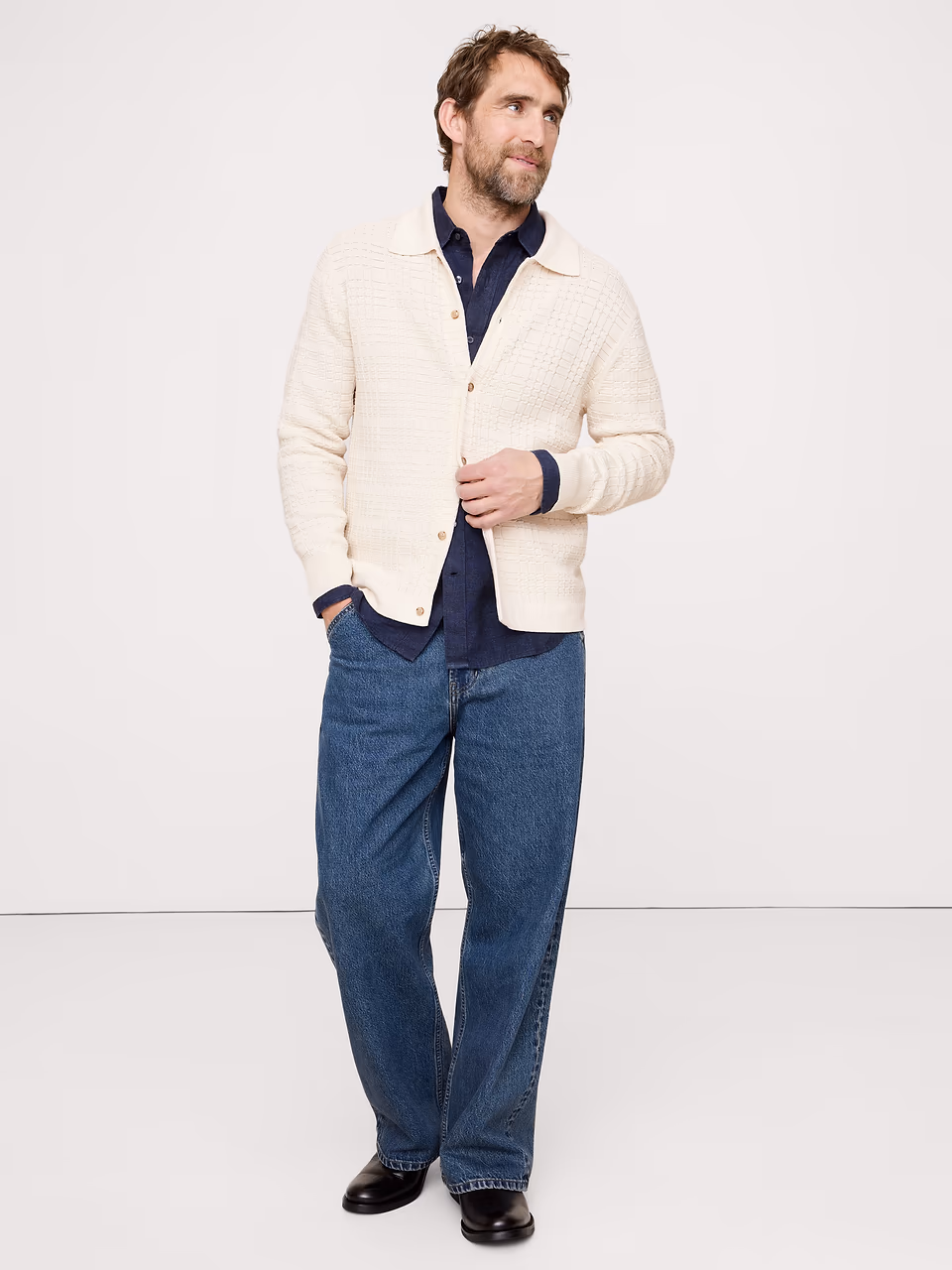 Banana Republic — Plaid Texture Cotton Polo Cardigan