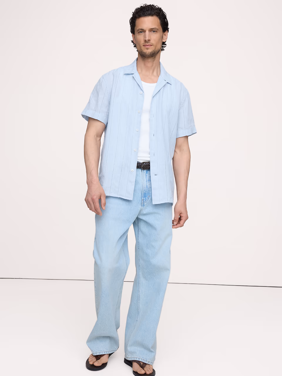 Banana Republic — Standard-Fit Linen-Cotton Eyelet Stripe Resort Shirt