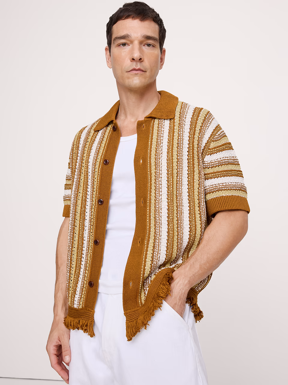 Banana Republic — Fringe Cotton Polo Cardigan