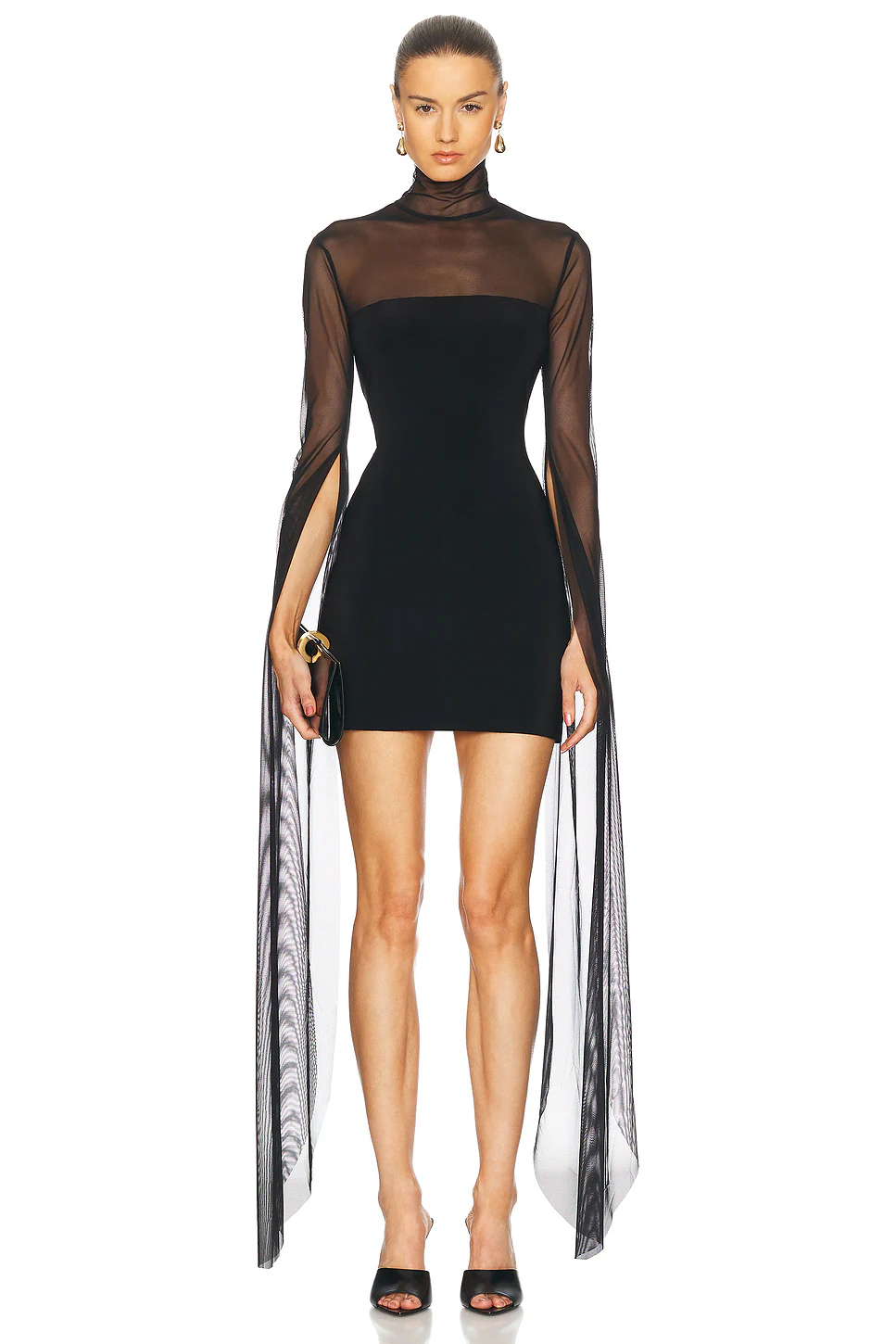 Norma Kamali — Ribbon Sleeve Turtleneck Mesh Mini Dress