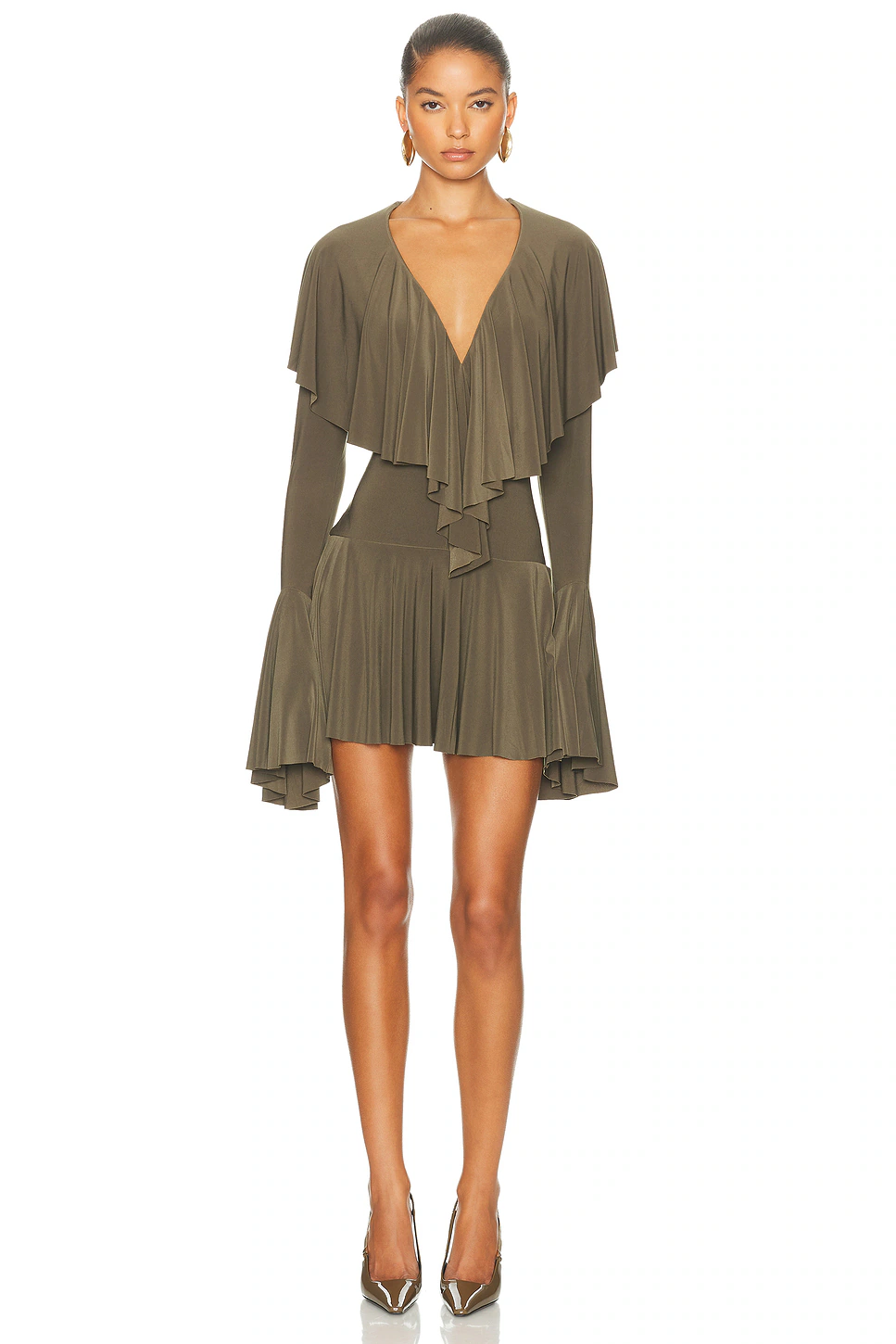 Norma Kamali — for FWRD Long Sleeve Deep V Ruffle Mini Dress