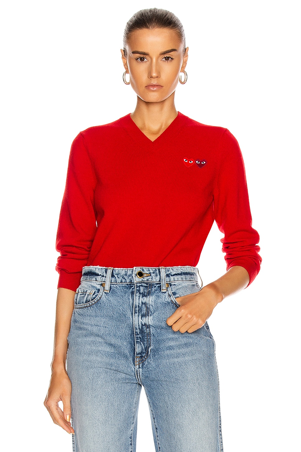 COMME des GARCONS PLAY — Double Emblem V Neck Sweater in Red
