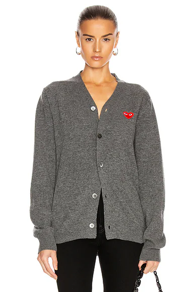 COMME des GARCONS PLAY — Lambswool Cardigan with Red Emblem in Medium Grey