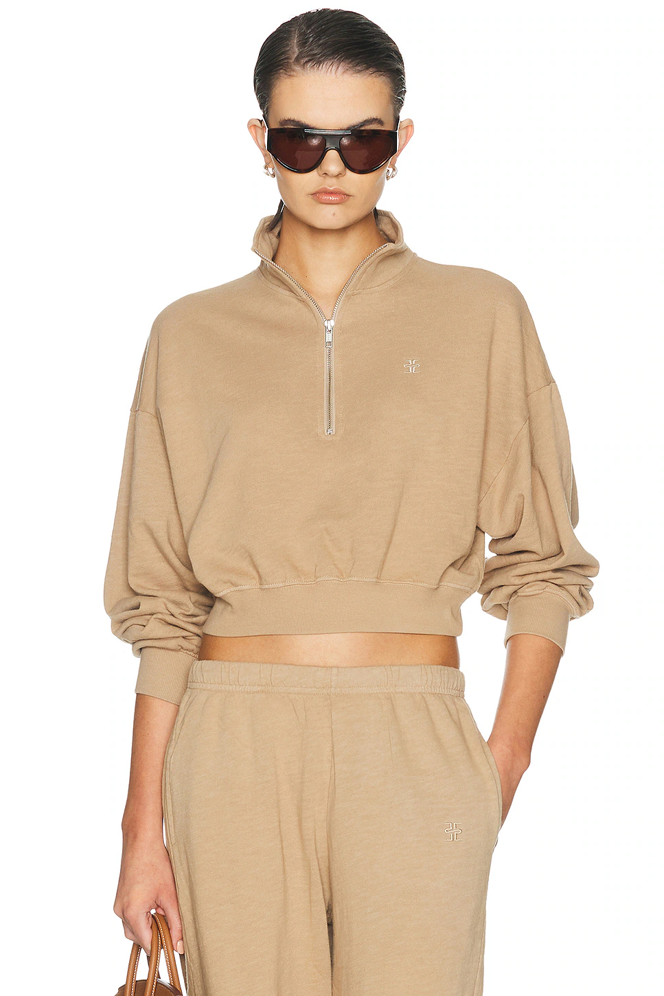 Eterne — Cropped Half Zip Sweatshirt in Taupe