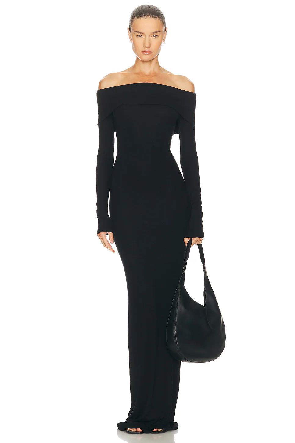 Eterne — Long Sleeve Off-Shoulder Butter Rib Maxi Dress in Black