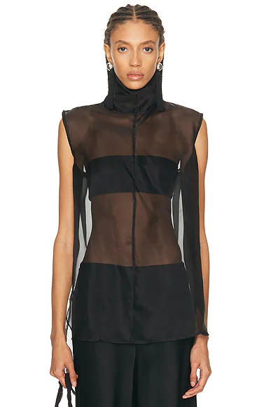 AEXAE — Silk Organza Roll Neck Top in Black
