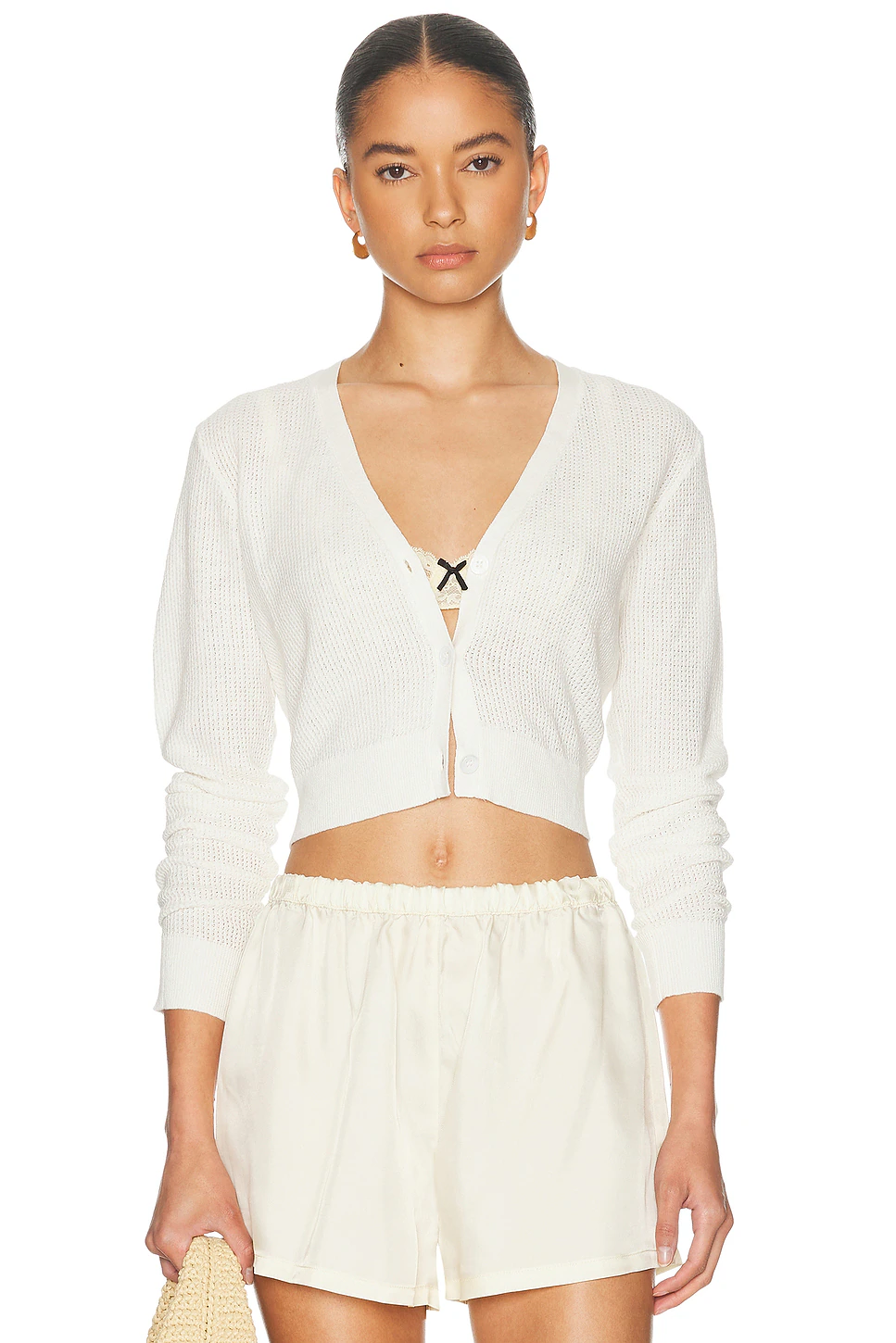 Enza Costa — Linen Open Knit Cropped V Neck Cardigan in Off White