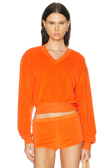 Eterne — Cropped V-Neck Terry Sweatshirt in Papaya