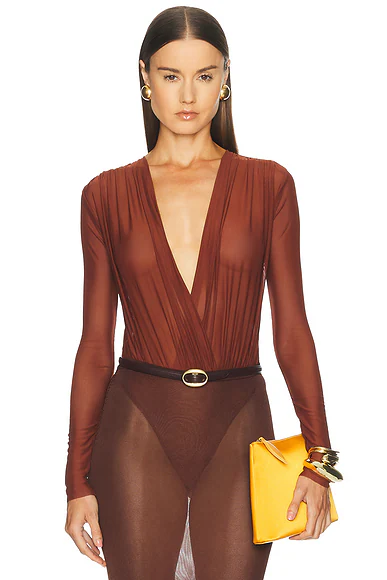 SEROYA — Agnes Mesh Bodysuit in Copper Clay