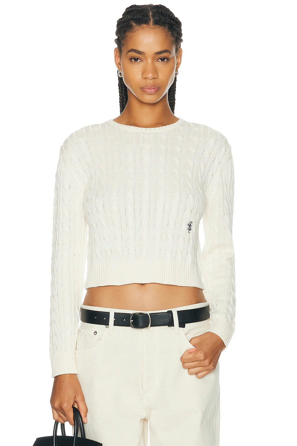 Sporty & Rich — Signature Logo Cable Sweater in Ecru
