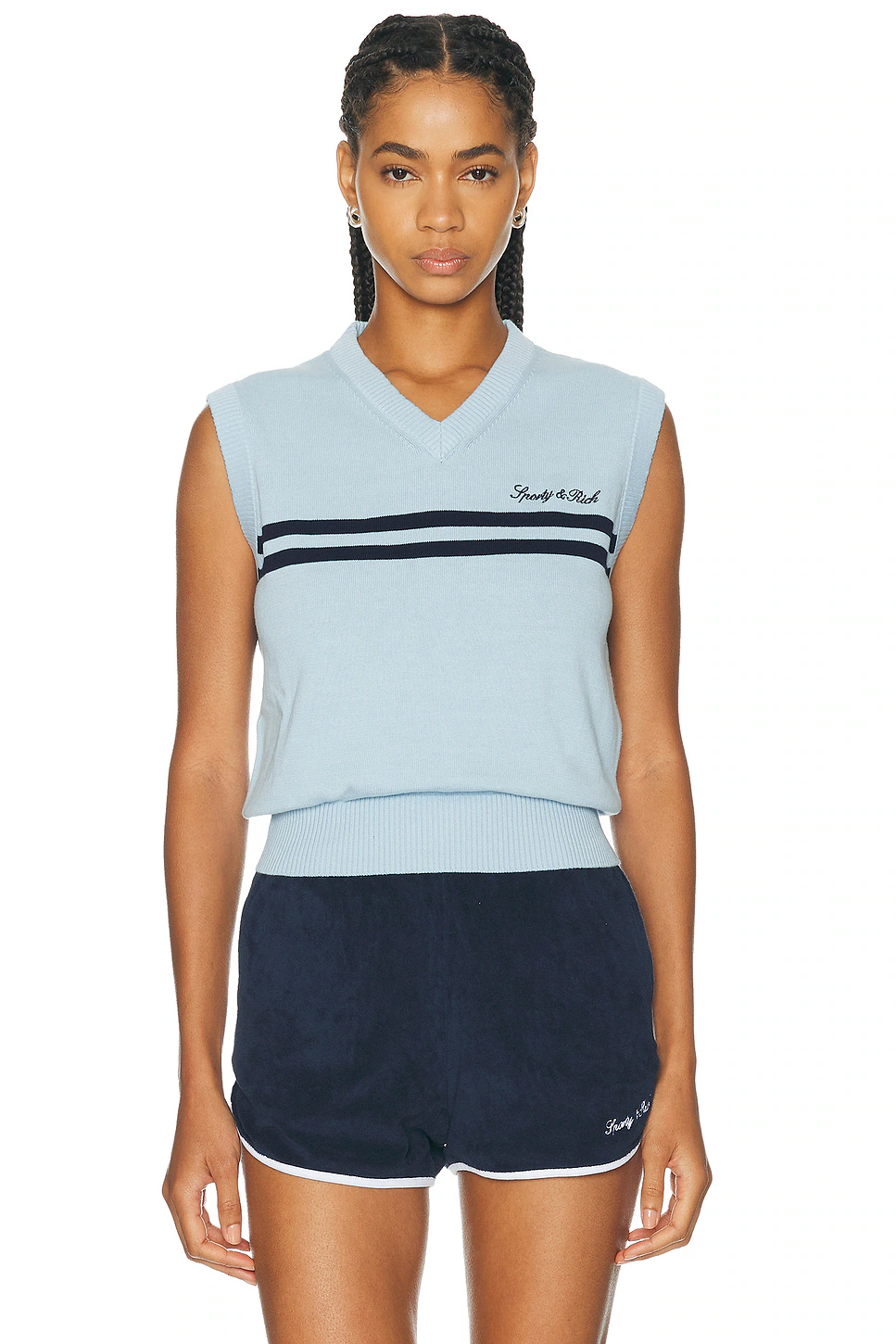 Sporty & Rich — Signature Logo Knitted Vest in Ciel & Dark Navy