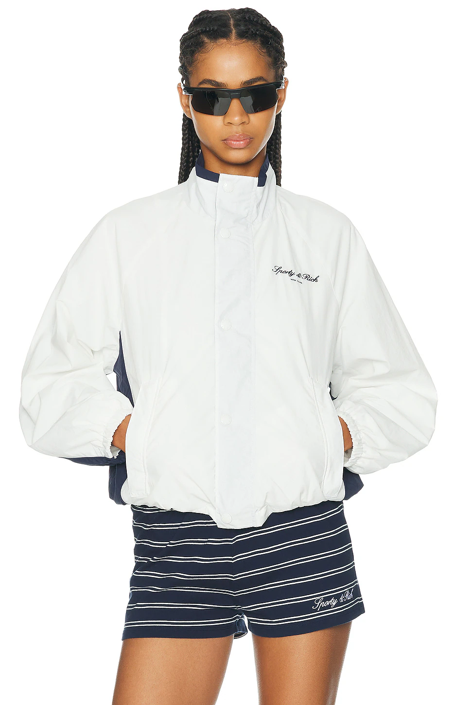 Sporty & Rich — Signature NY Contrast Jacket in White & Navy