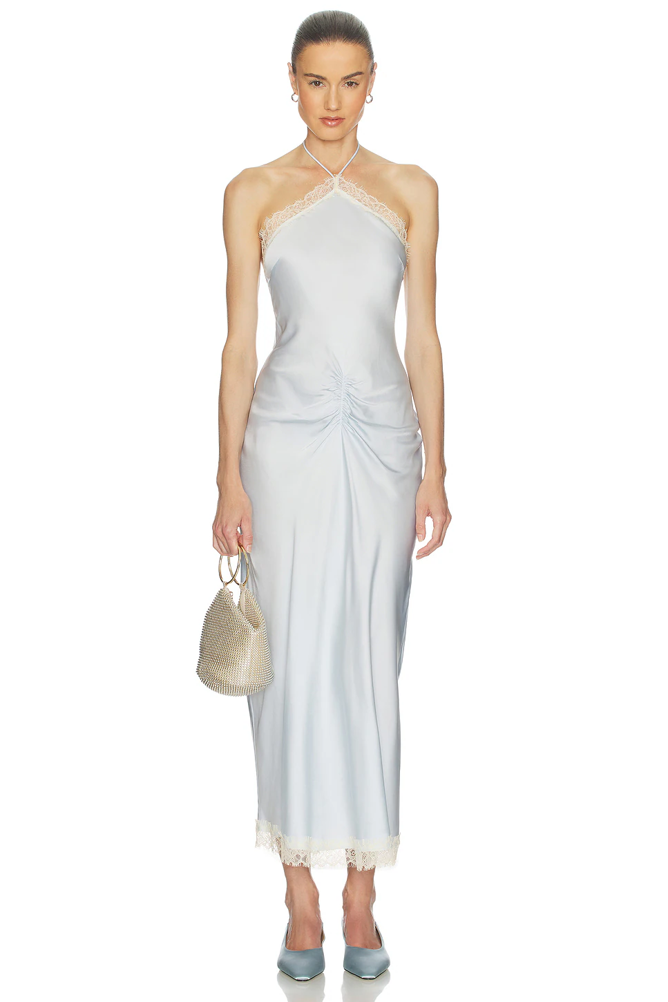 Helsa — ПЛАТЬЕ VISCOSE SATIN MIDI DRESS WITH LACE · Baby Blue