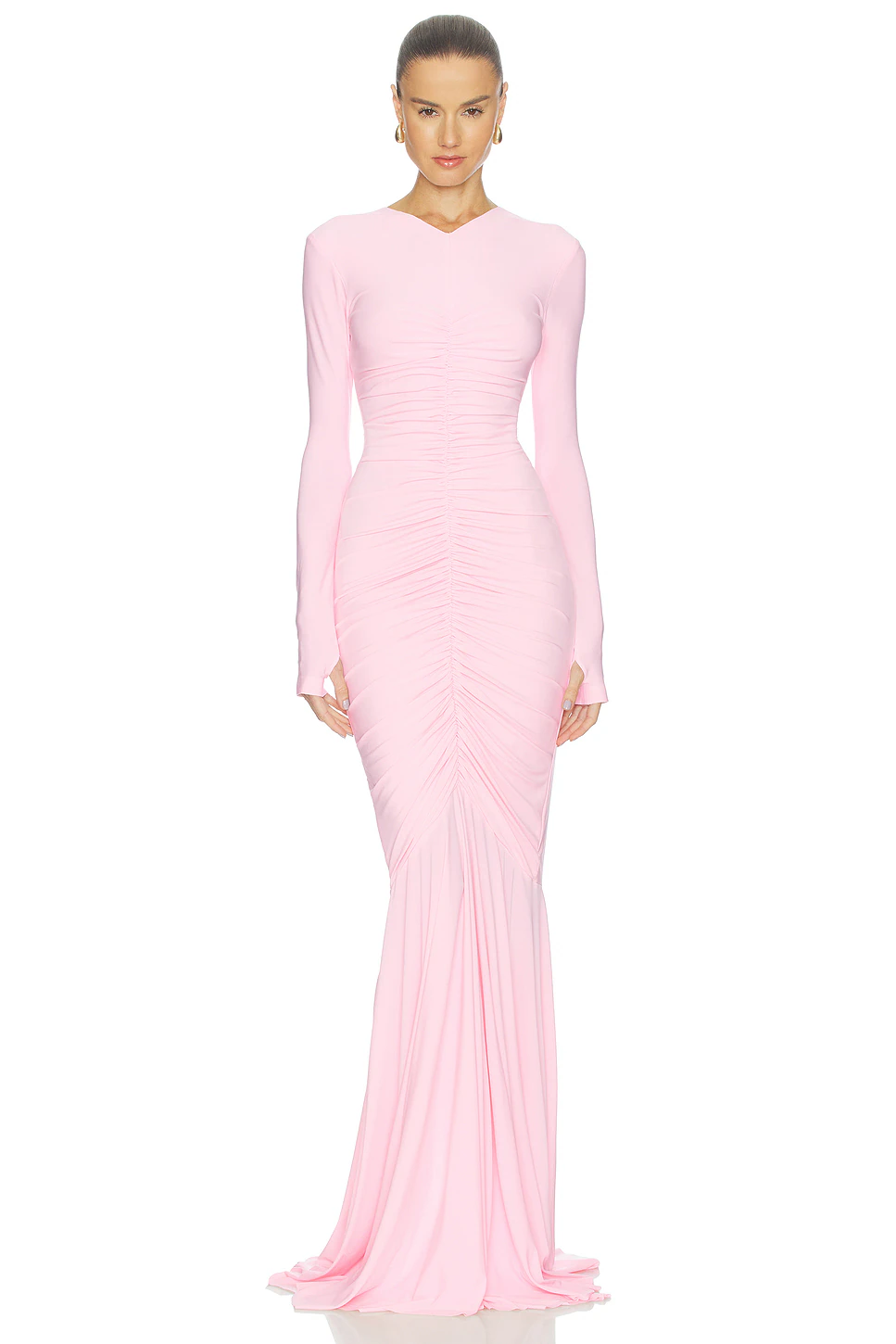 Norma Kamali — ВЕЧЕРНЕЕ ПЛАТЬЕ LONG SLEEVE V NECK SHIRRED FRONT FISHTAIL · Ballet Pink